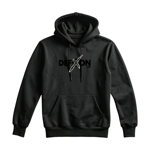 Sweat à capuche Croix blanche : Noir, à capuche, poche ventrale. Logo DEFCON ONE noir, son X blanc.