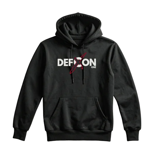 Sweat à capuche Logo blanc : Noir, à capuche, poche ventrale. Logo DEFCON ONE blanc sur la poitrine, son X rouge.